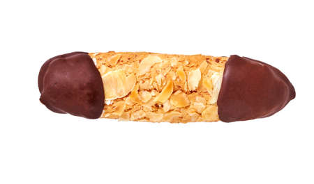 Chocolate pastry in a studio setting, isolated on white.