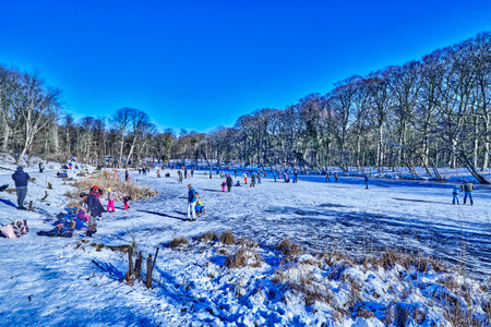Netherlands, Haarlem - 17-03-2021: winter frozen lake with ice skaters.のeditorial素材