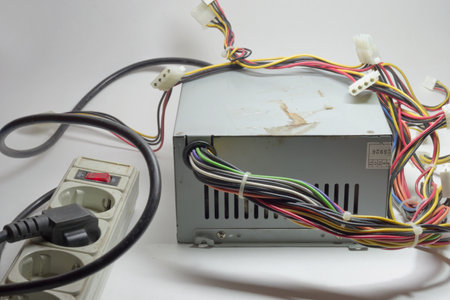 computer ATX non-modular power supply unit front side with ventilation openings, with directly connected colored connectors for drives, at the surge protector with extension cordの写真素材