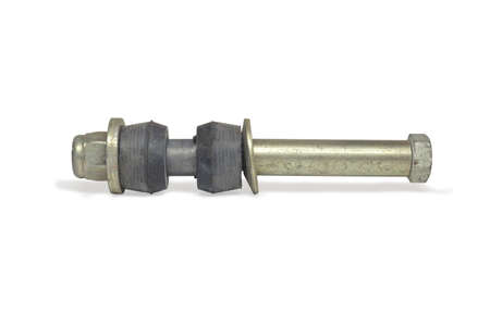 shock mounting bolt assembly with bushings, washers and nut. spare part for fixing rear shock absorber of rear-wheel drive car isolated on white background, with clipping pathの写真素材
