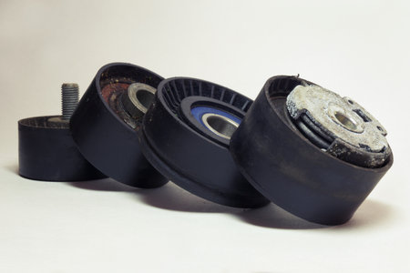 tensioner, idlers, pulleys of car actuators of engine and alternator. dismantled rollers of car...