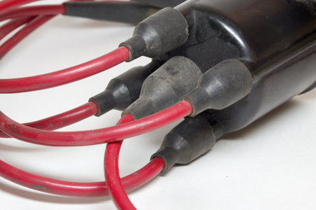 spark plug wires, red, high tension cables, close-up on rubber bootsの写真素材