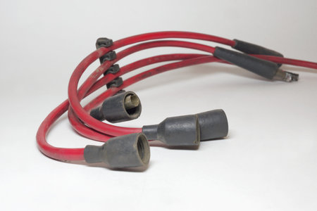 spark plug cables, red, high tension wires with black plug capsの写真素材