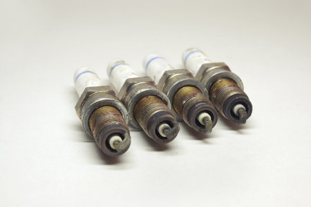 copper spark plugs set. showing worn electrodesの写真素材