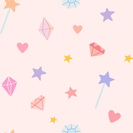 A whimsical vector pattern with stars, gems, magic wands and heartsのイラスト素材