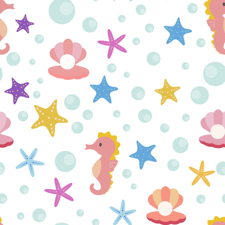 Bright colorful starfish on a light blue background seamless vector patternの写真素材