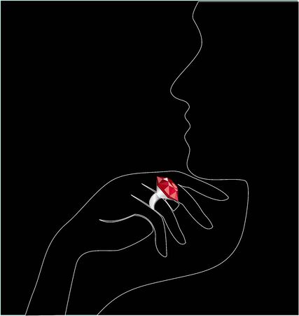 silhouette of a girl who has on the hand a ring with a pink diamondのイラスト素材