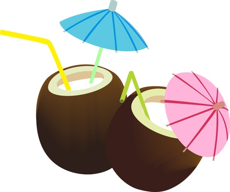 two coconuts with coconut milk are decorated with umbrella and strawのイラスト素材