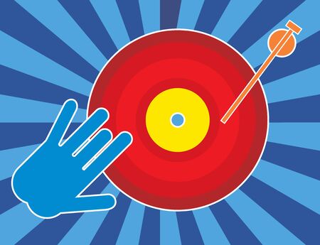 Record player with vinyl record and dj's hand. Pop art styleのイラスト素材