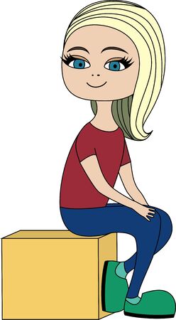 A girl is sitting on a box isolated on whate backgroundのイラスト素材