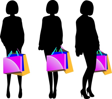 Black silhouette of young woman with shopping bags isolated on whiteのイラスト素材