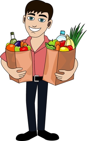 Handsome man is holding a bag full of healthy food  Shoppingのイラスト素材