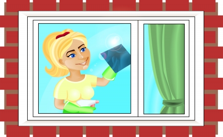 Young woman is washing the windowのイラスト素材