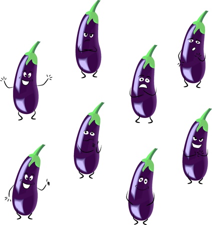 Cartoon eggplants with different emotions isolated on white backgroundのイラスト素材