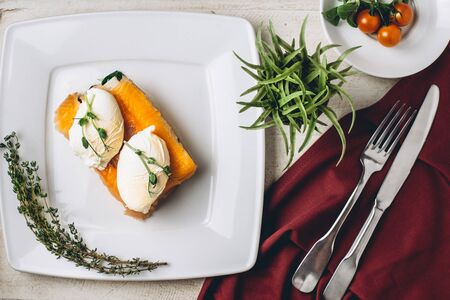 Delicious and healthy breakfast with red fishの写真素材