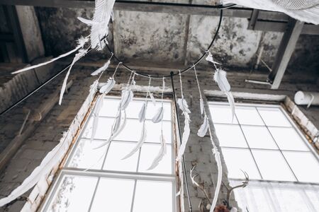 Decor, interior, modern. Feathers hanging over the bedの写真素材