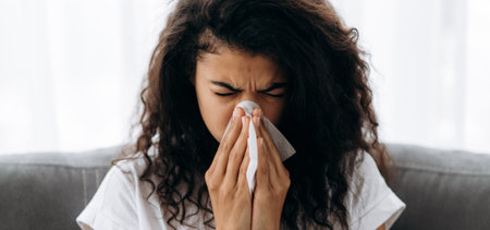 Unhealthy young woman. African american millennial girl is sick with flu, she sneezes and blows her...