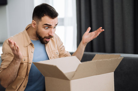 Home delivery. Shocked young man sits on the couch, unpacking his parcel. Surprised caucasian male got a wrong order or empty cardboard box. Unhappy guy bought stuff online, unsuccessful shoppingの写真素材
