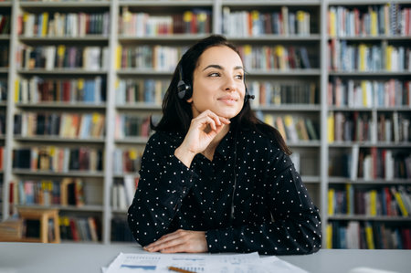Portrait of a young satisfied caucasian woman wearing headset for working online, call center operator, consulting of client, or business mentor, looks away with smileの写真素材