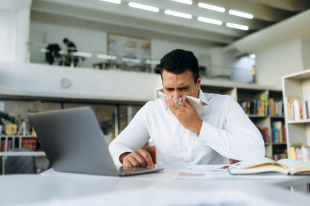 Hispanic business man sneezing, using a paper tissue, feeling unwell. Unhealthy manager struggling with running nose, catch a flu, remotely working or studying, while illnessの写真素材