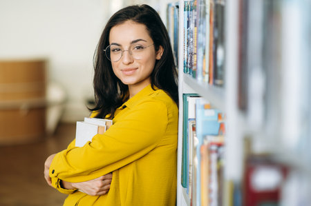 Portrait of young business female or student in eyeglasses, holding in arms some books, standing in...