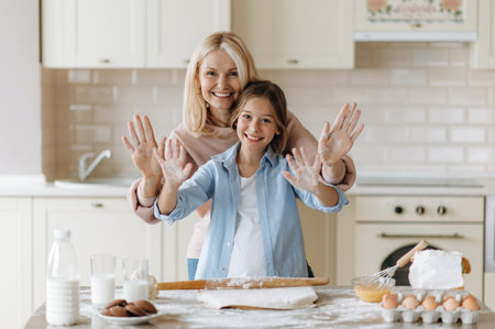 Caucasian happy mom and her beloved little daughter spend time together in the kitchen. Grandma teaches her cute granddaughter to cook pie, they are happy to cook together, having fun and laughingの写真素材