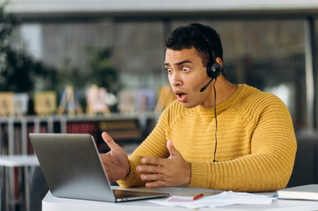 Worried employee having a problem with internet connection while important video meeting. Confused...