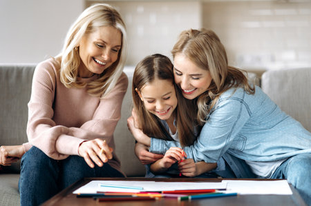 Weekend leisure. Cheerful caucasian happy grandmother daughter and granddaughter spend time at home...