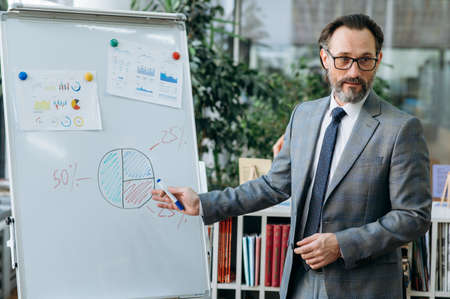 Influential male entrepreneur in formal suit, making a presentation on briefing meeting. Mature caucasian man standing near flipchart, talking about new strategy for company, business project conceptの写真素材