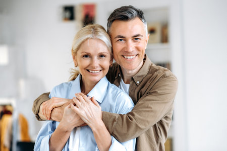 Close up portrait of lovely caucasian marriage couple, happy husband and wife dressed in casual...