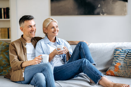 Loving happy adult married caucasian couple in stylish casual clothes, happy husband and wife sitting on the comfortable sofa in the living room, holding cups of tea, chatting, spending time at homeの写真素材