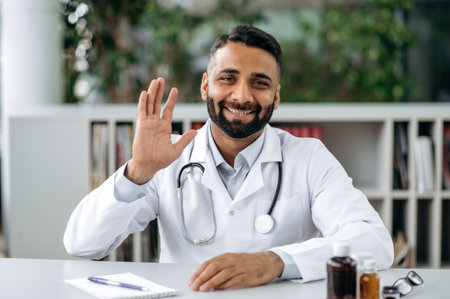 Webcam shot of a friendly Indian general practitioner. The doctor sits at his desk, consults the patient via video communication, greets the interlocutor with a hand gesture, smilesの写真素材