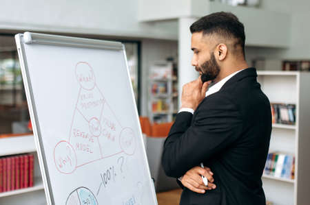 Successful serious smart influential Indian business man or top manager in formal suit stands in office, ponders business plan, draws diagrams, looks thoughtfully at board, planning financial strategyの写真素材