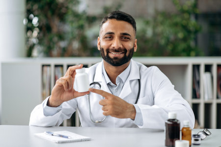 Distant medical consultation with doctor. Indian physician therapist, in medical uniform, communicates with patient online, recommends and prescribes medications and procedures, answers questionsの写真素材
