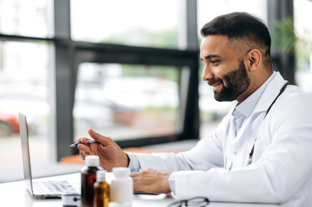 Successful, pleasant Indian general doctor conducts online consultations, communicates with the patient by video link using a laptop, prescribes treatment, answers questions, makes recommendationsの写真素材