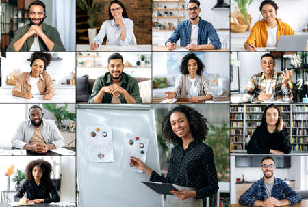 Financial remote meeting of multiracial colleagues. Successful african american female business...