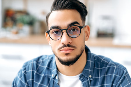 Close-up portrait of a handsome attractive modern Indian or Arabian young man with glasses, with a beard, stylishly dressed, student, freelancer, IT specialist, looking directly at the cameraの写真素材