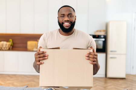 Happy african american young man, stand at home in the living room, holding a large cardboard box, received parcel from the online store, preparing to unpack, looks at camera, smile, excitementの写真素材