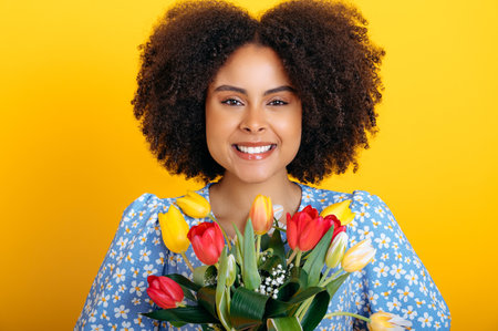 Happy lovely curly haired african american young woman in a blue summer dress, holding bouquet of colorful tulips on womens day or birthday, stand on isolated yellow background, looks at camera,smileの写真素材