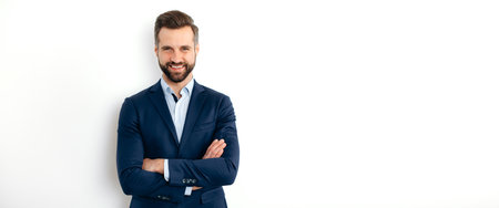 Panoramic portrait of a handsome positive caucasian successful business man in a suit, seo, banker,...