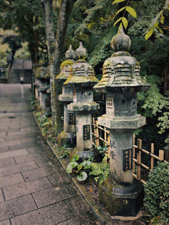 Pillars lining a walkway at a Japanese shrineの写真素材