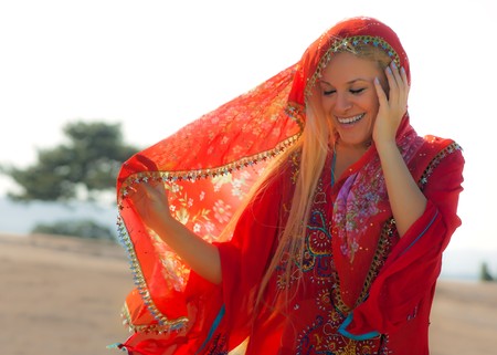Young and beautiful village girl smiles happily.の写真素材