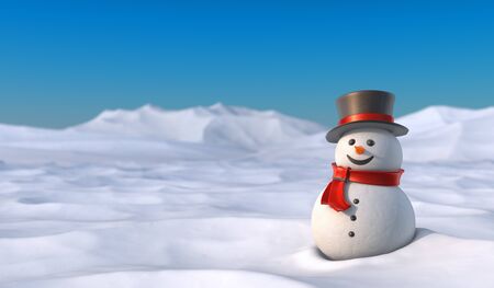 Cute snowman in snowy mountain landscape. High resolution 3D illustration with clipping paths.の写真素材
