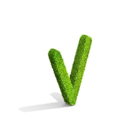 Grass letter V in uppercase format from isometric angle with shadow on ground. 3D illustration isolated on white background.の写真素材