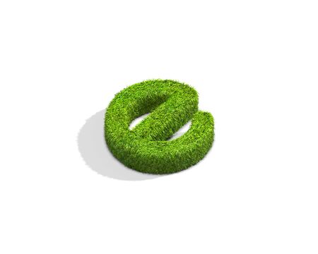 Grass letter E in lowercase format from isometric angle with shadow on ground. 3D illustration isolated on white background.の写真素材