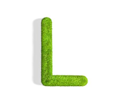 Grass letter L in uppercase format from isometric angle with shadow on ground. 3D illustration isolated on white background.の写真素材