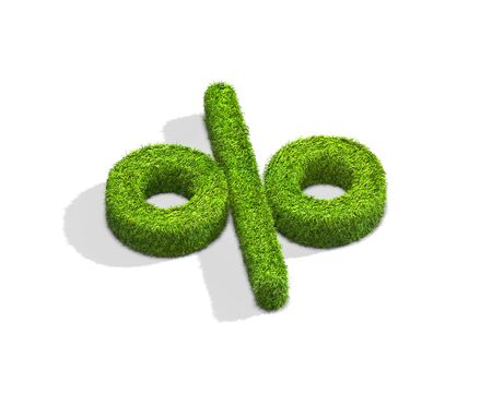 Grass percent punctuation mark from isometric angle with shadow on ground. 3D illustration isolated on white background.の写真素材