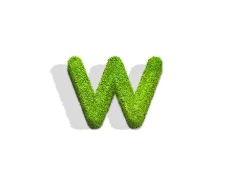 Grass letter W in lowercase format from top angle with shadow on ground. 3D illustration isolated on white background.の写真素材