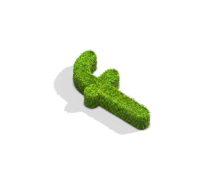 Grass letter F in lowercase format from isometric angle with shadow on ground. 3D illustration isolated on white background.の写真素材