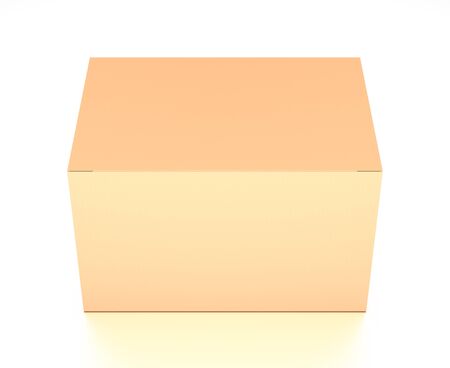 Brown corrugated cardboard box from top front closeup angle. Blank, horizontal, and rectangle shape. 3D illustration isolated on white background.の写真素材